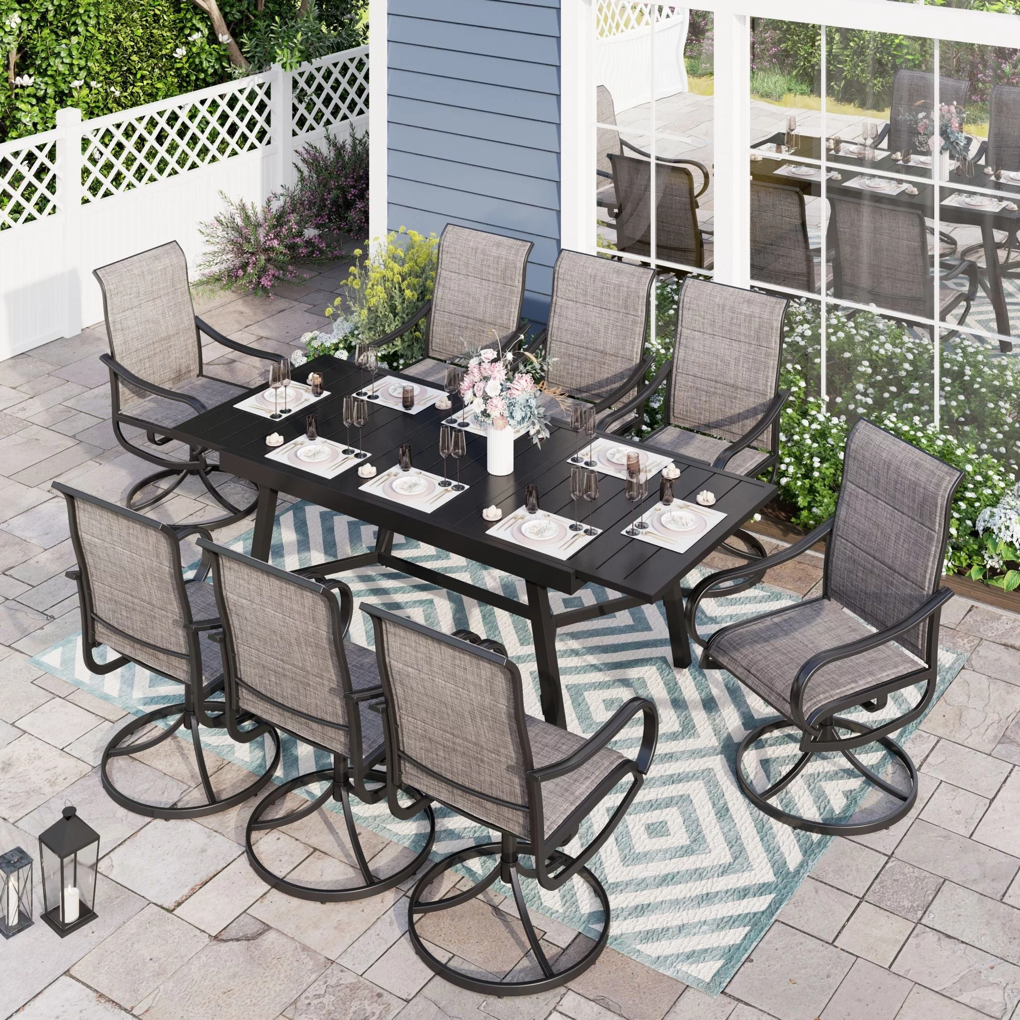 Sophia & William 9 Pieces Metal Outdoor Patio Dining Set with Gray Padded Textilene Swivel Chairs and Black Extendable Table