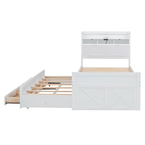 Harper & Bright Designs Twin Size Captain Platform Bed with Bookcase Headboard, Wood Twin Bed Frame with Storage Drawers and Shelves