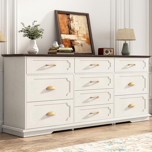 70inch Large Long Dresser w/Charging Station,10 Drawer Dresser w/Deep Big Drawers,Wooden Chest of Drawers w/Power Outlet,White Dressers for Bedroom