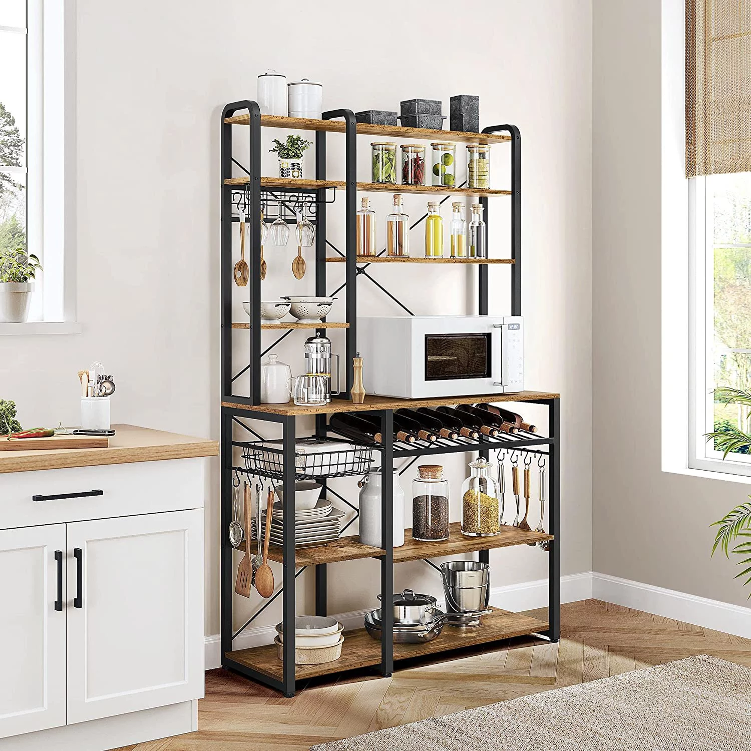 Kitchen Bakers Rack, Wooden Microwave Stand Kitchen Storage Shelf with Wine Rack and Wire Basket and 12 Hooks