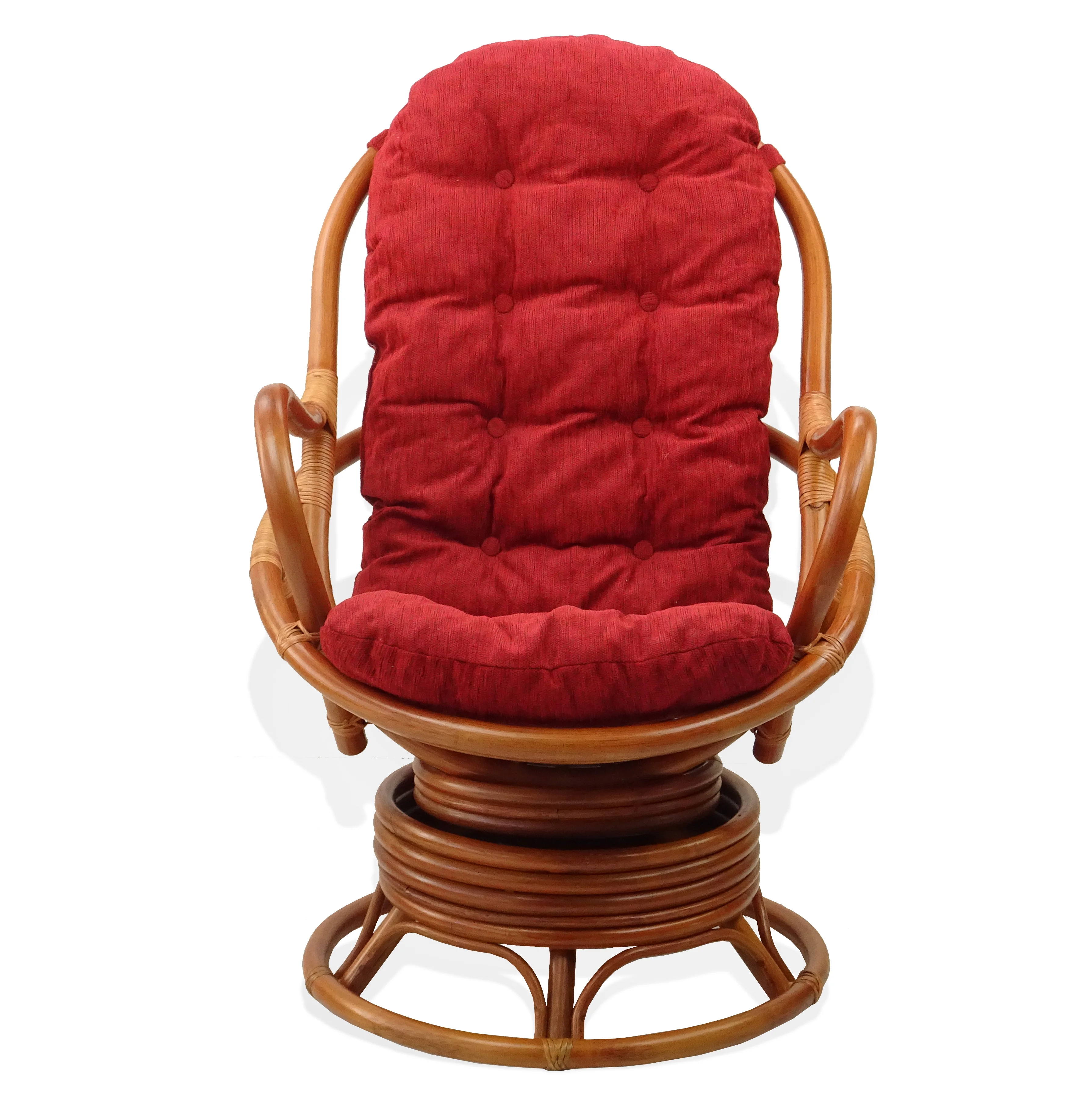 SK New Interiors Java Swivel Rocking Lounge Chair Natural Rattan Wicker with Burgundy Cushion, Colonial