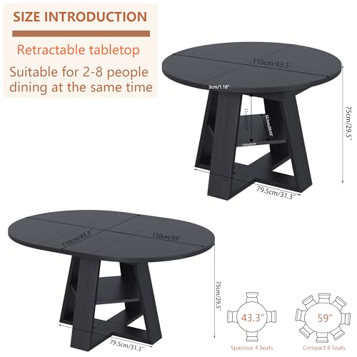 43.3in-59in Extendable Round Dining Table for 4-8,Modern Kitchen Oval Dining Table with Removable Leaves Space Saving