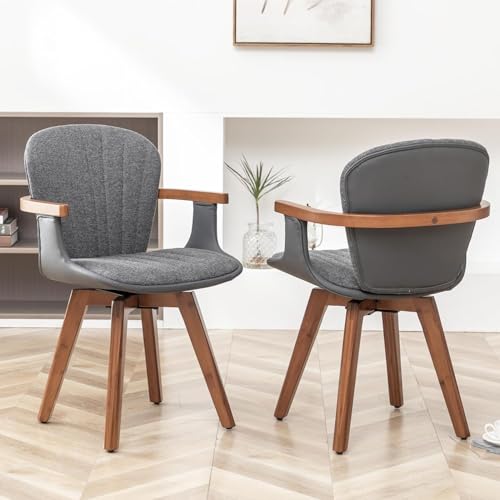 LUNLING Swivel Dining Chairs Set of 2, Mid Century Modern Gray Fabric+Faux Leather Kitchen Chairs with Arms,Bamboo Legs Side Chairs No Wheels