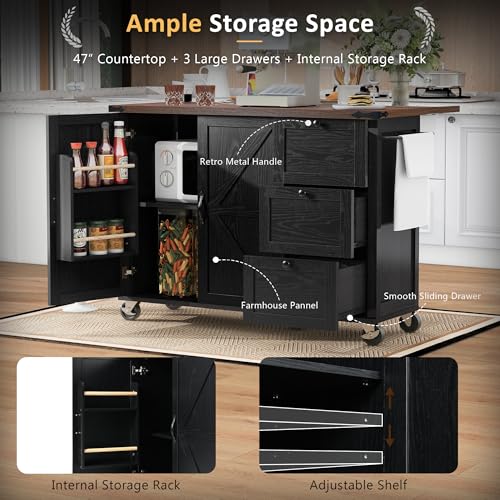 Amposei Farmhouse Rolling Kitchen Cart Island with Power Outlet & Drop Leaf, Wooden Mobile Storage Island on Wheels with Drawers, Spice Rack