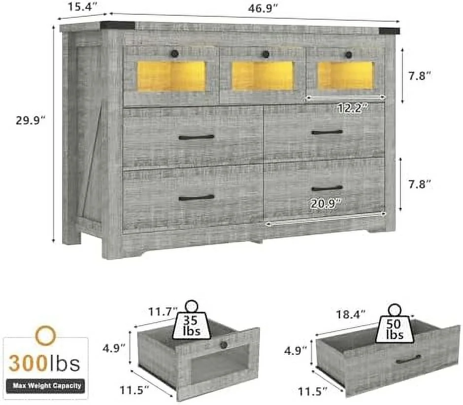 Grey Farmhouse Dresser for Bedroom 7 Drawer Dresser with LED Light  Wood  Dresser Chest of Drawers Wide TV Stand Dresser for Bedroom