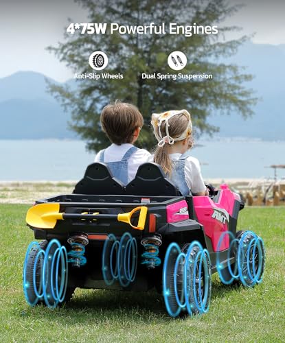 ELEMARA 24V Ride on Toy for Big Kid,Ride on Car 2 Seater w/Sun Shade,Dump Bed & Shovel,4.5MPH,4WD Electric Car for Kids,Battery Car w/Remote