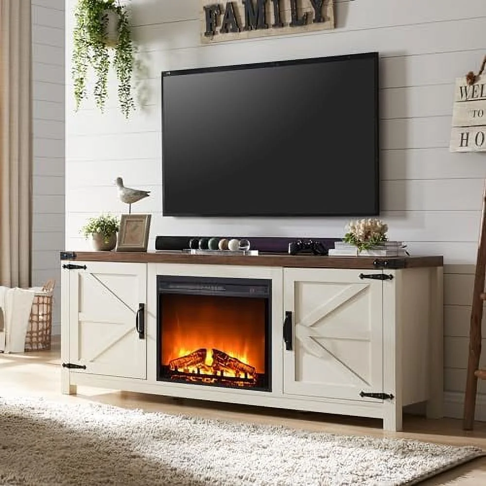 TJBOLIFE Farmhouse Fireplace TV Stand - for 70 75 Inch TV  Rustic Entertainment Center w/ 23" Electric Fire Place  Adjustable Shelves