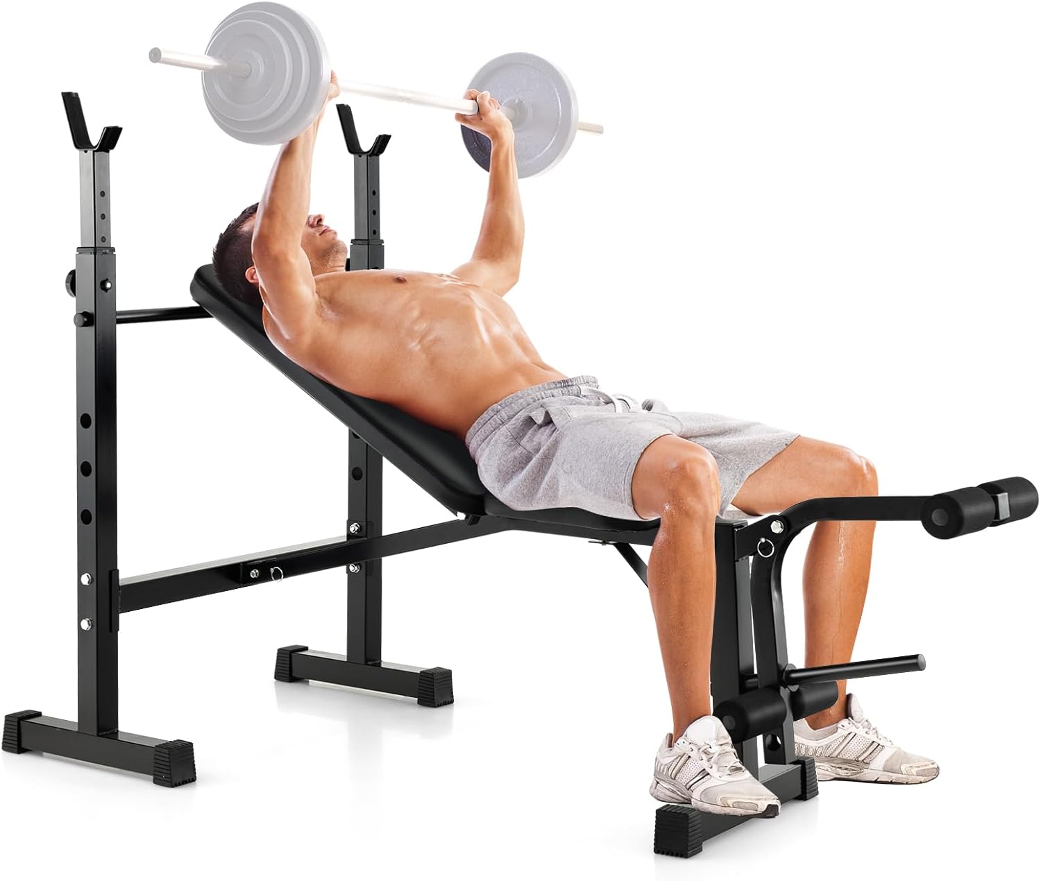 GYMAX Adjustable Weight Bench, Foldable Weight Bench with Squat Racks, Leg Extension & Leg Curl, Strength Training Workout Bench Press