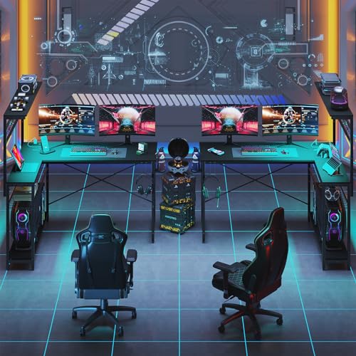 Bestier 42 L Gaming Desk,Computer Desk with Power Outlets, LED Lights, Reversible Corner Desk with 4-Tier Shelves,Cup Holder & Hook Carbon Fiber Black
