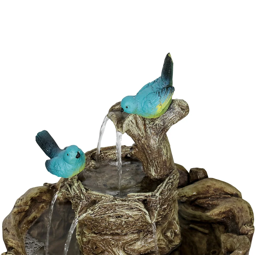 3-Tier Outdoor Water Fountain Bird Bath Patio Fountain Outdoor Stump Like Waterfall Fountain with Birds Decor Freestanding Patio Water Fountain Pump