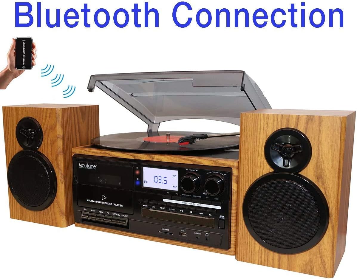 Boytone BT-28SPW, Bluetooth Classic Style Record Player Turntable with AM/FM Radio, CD/Cassette Player, 2 Separate Stereo Speakers, Record from Vinyl