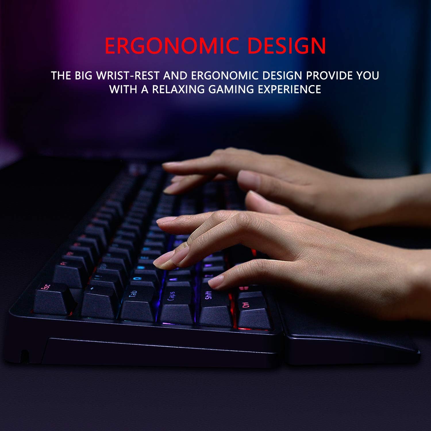 RedThunder K55 Mechanical Gaming Keyboard, Quiet Red Switch, Chroma RGB Lighting, Soft Leather Wrist-Rest