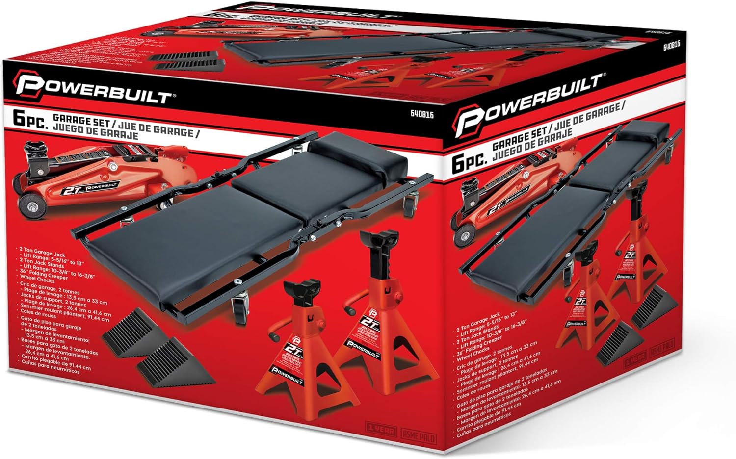 Powerbuilt 6 Piece Car Jack and Garage Creeper Service Set, 2 Ton Vehicle Lift, Jackstands, Folding Creeper, Wheel Chocks