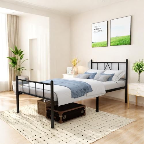 Full Size Bed Frame, 14 Inch Metal Platform Bed with Iron-Art Headboard & Footboard, Classic Bed Frame with Heavy Duty Metal Slats Support