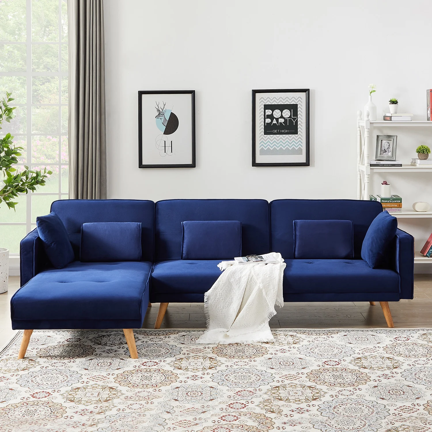 Royard Oaktree Velvet Sectional Sofa Bed L-Shaped Folding Sofa with Chaise Convertible Daybed Sleeper Couch for Living Room Apartment Small Space,Blue