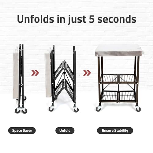 Origami Folding Kitchen Cart on Wheels, 3-Tier Foldable Rolling Cart - Chefs Outdoor Cart for Wine and Food, Microwave Cart, Plating Shelf
