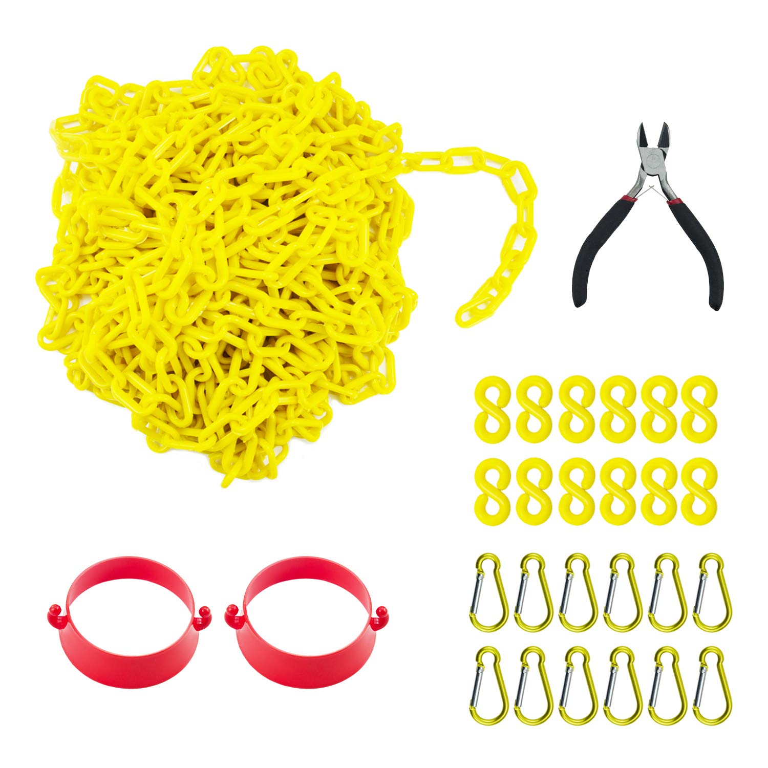 Reliabe1st 50 Feet Yellow Plastic Safety Barrier Chain with 12 S-Hooks and 12 Carabiner Clips and 2 Cone Chain Connector Kits | Caution Security