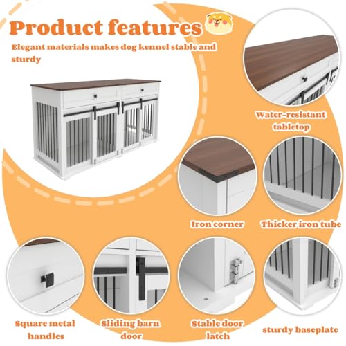 Farmhouse Dog Crate Furniture for 2 Dogs, Room Divider & Sliding Barn Door, Indoor Furniture Style Heavy Duty Dog Cage for Small Medium Dog