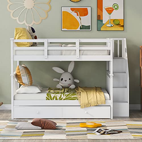 Harper & Bright Designs Twin Over Twin Bunk Bed with Stairs and Trundle, Solid Wood Stairway Bunk Bed Frame with Storage