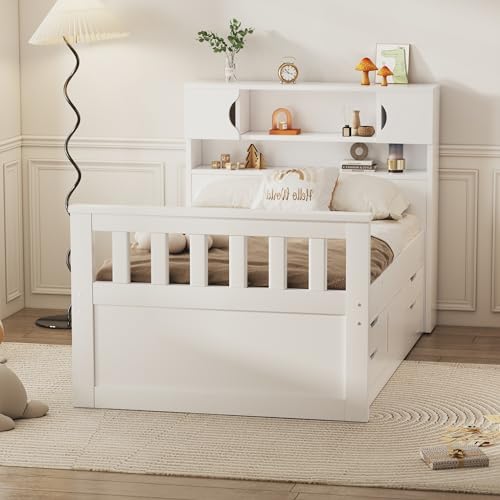 Harper & Bright Designs Twin Size Captain Platform Bed with Bookcase Headboard, Wood Twin Bed Frame with Storage Drawers and Shelves