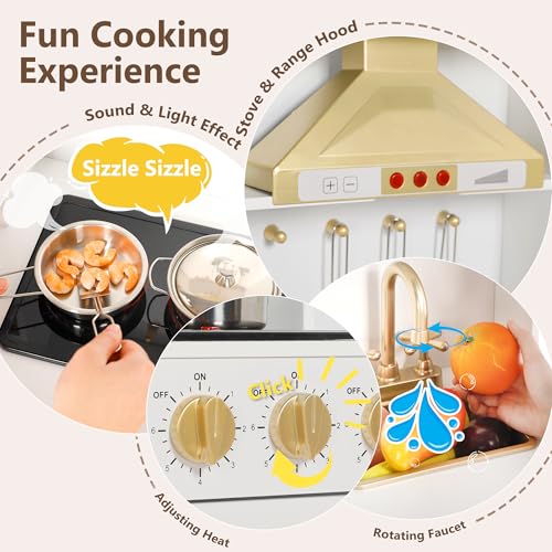 Kinder King Wooden Kids Play Kitchen, Toy Kitchen Playset for Toddler, Play Kitchen Set w/Real Sounds, Pretend Coffee Machine, Kitchen Hood, Sink