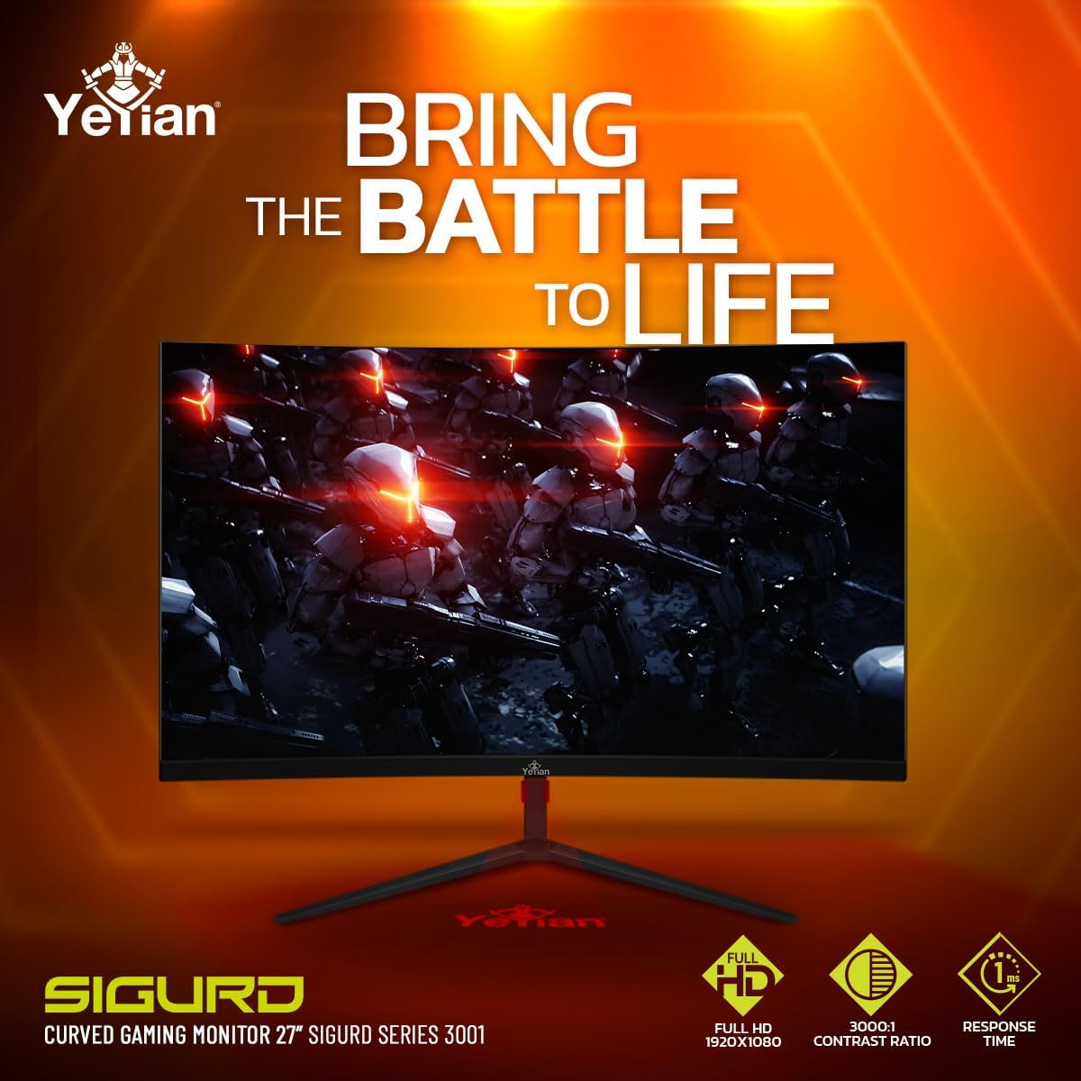 YEYIAN Sigurd 3001 27” Curved PC Gaming Frameless LED Multistand Monitor, 1080P HD, 165Hz, 1ms, 3000:1, 16:9, 178°, 16.7M Colors, G-Sync, FreeSync