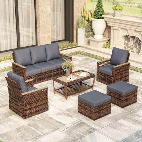 MELLCOM 4 Pieces Patio Furniture Set, Outdoor Wicker Chairs with Ottomans