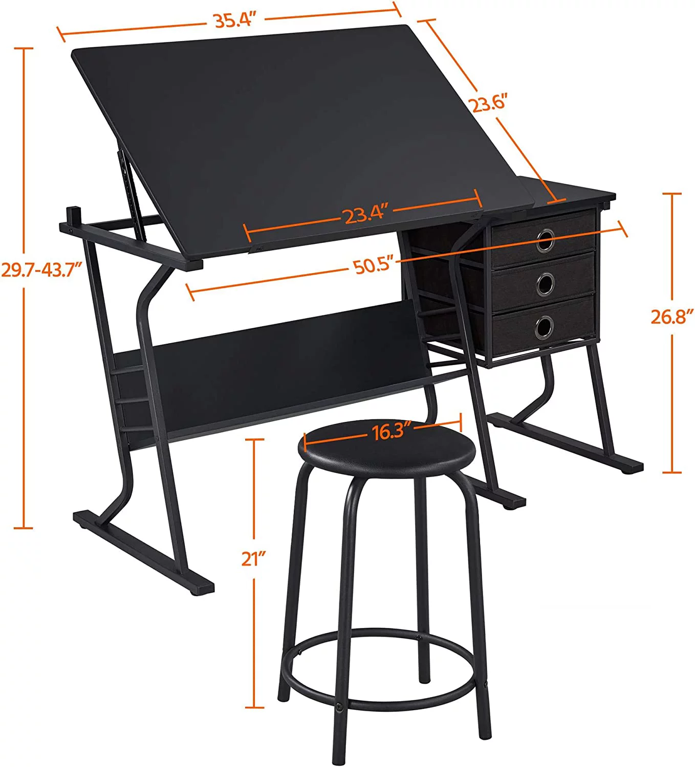 Drafting Table for Adults/Artists, Drawing Desk, Tabletop Adjustable Art/Craft Desk with Stool and 3 Slide Drawers