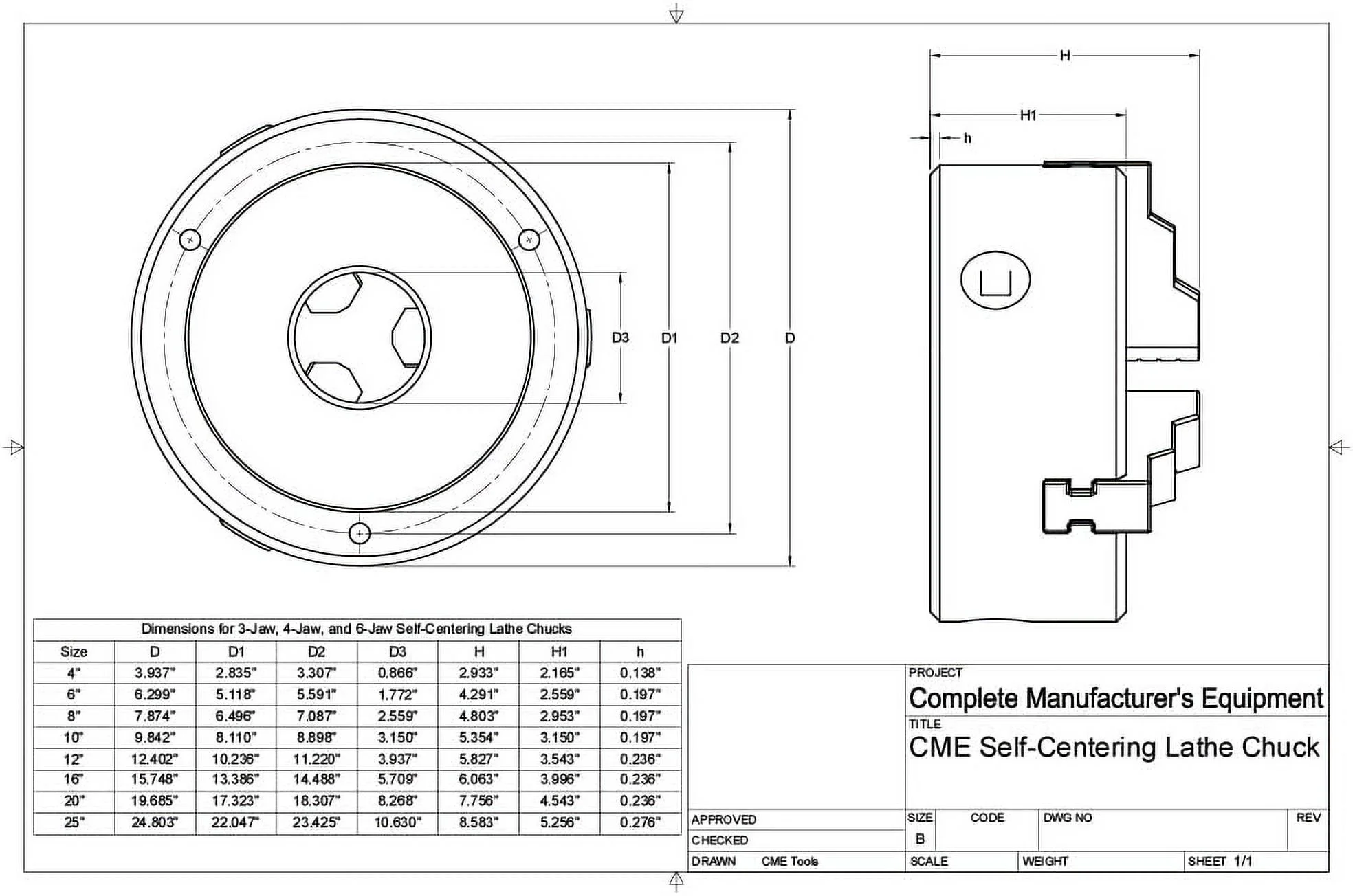CME 6" 4-Jaw Self-Centering (Scroll) Lathe Chuck, Plain (Flat) Back, Two-Piece Reversible Jaws