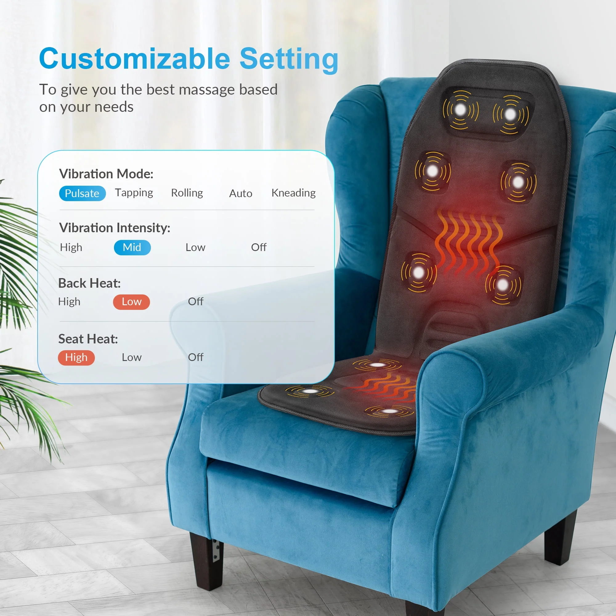 COMFIER Motors Massage Seat Cushion with 3 Level Heating Pad, Back Massager, Black, Gift for Men Women, Home/Car Use