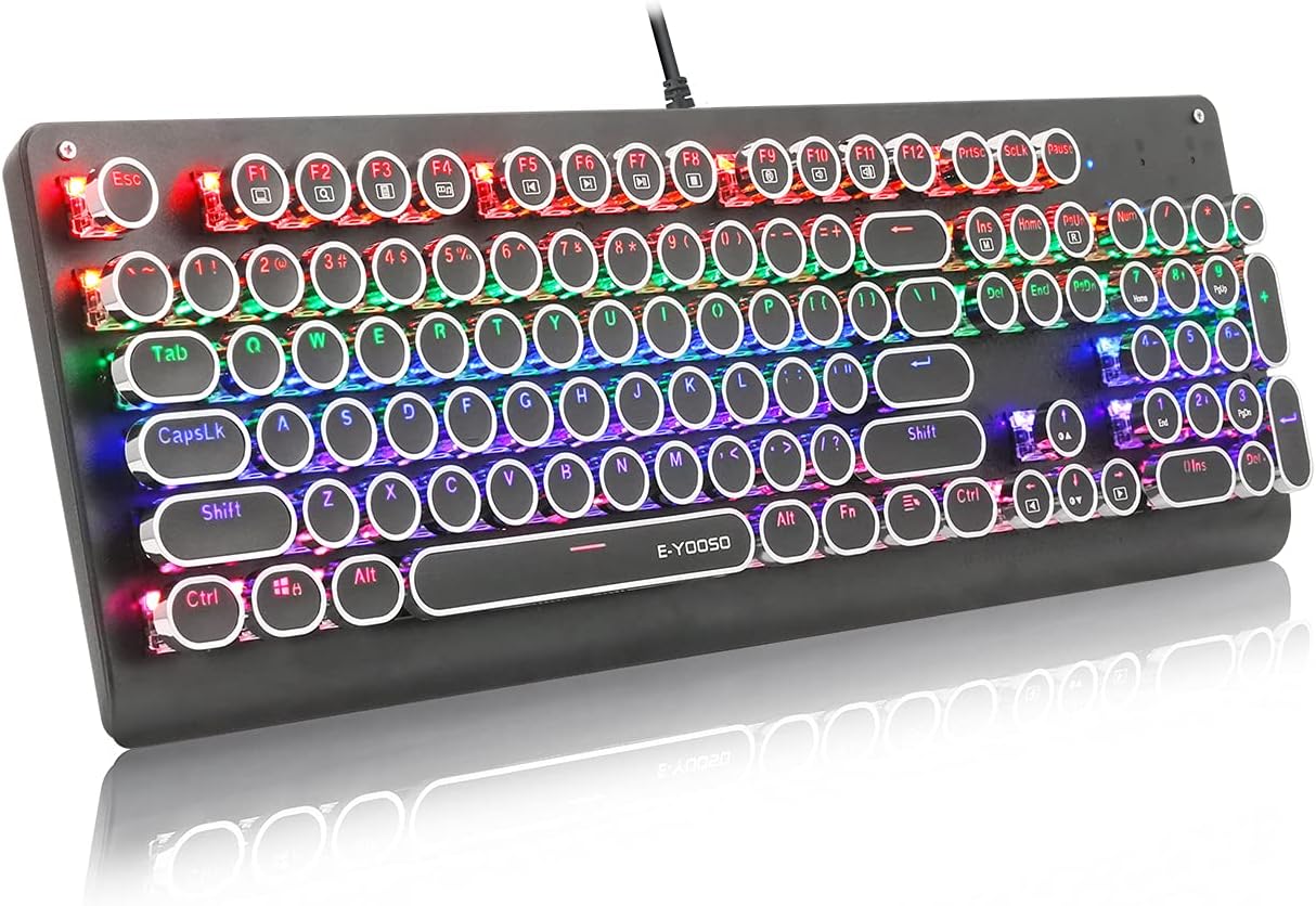 E-YOOSO K600 Retro Mechanical Gaming Keyboard 104 Key, Rainbow LED Backlit Typewriter Keyboard for PC Desktop Black(Blue Switch) Pack of 2