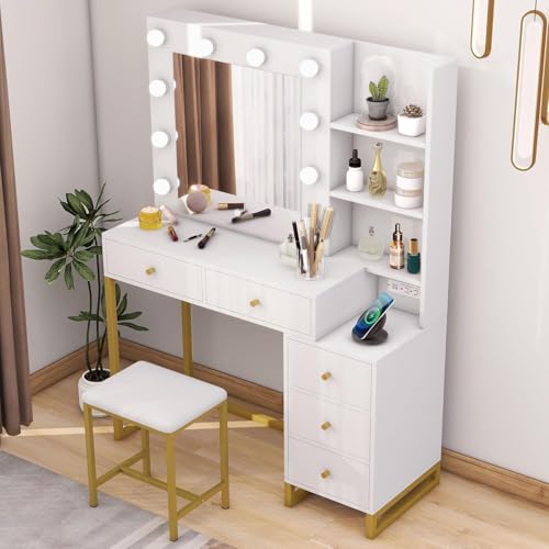 YITAHOME Makeup Vanity Desk with Mirror & Power Outlet, Hollywood Vanity Set with Hidden Jewelry Storage, 5 Drawers and Lots Shelves