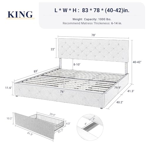 Allewie Upholstered Queen Size Platform Bed Frame with 4 Storage Drawers and Headboard, Square Stitched Button Tufted