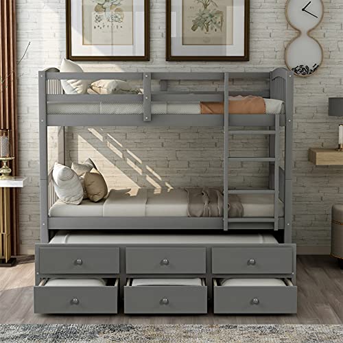 Harper & Bright Designs Twin Over Twin Bunk Bed with Storage Drawers, Solid Wood Bunk Bed Frame with Trundle, for Kids, Teens, Adults (Espresso)