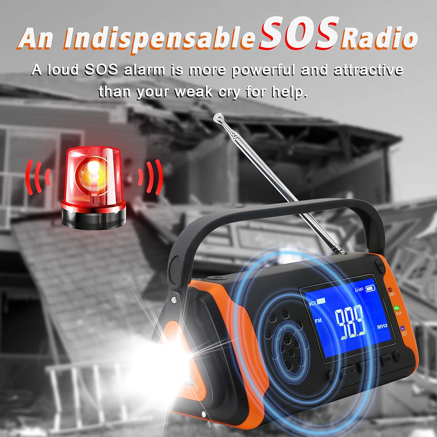 Emergency Weather Crank Radio 4000mAh - Portable, Solar Powered, Hand Crank, AM/FM/NOAA Weather Alert Radio, Aux Music Play, USB Cell Phone Charger