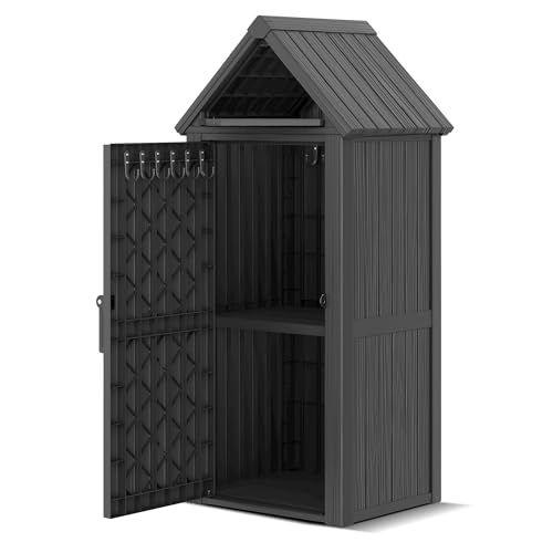 Outdoor Resin Storage Shed, Upgrade Durable Storage Cabinet with Removable Shelves and Lock Ring, Reinforced Floor