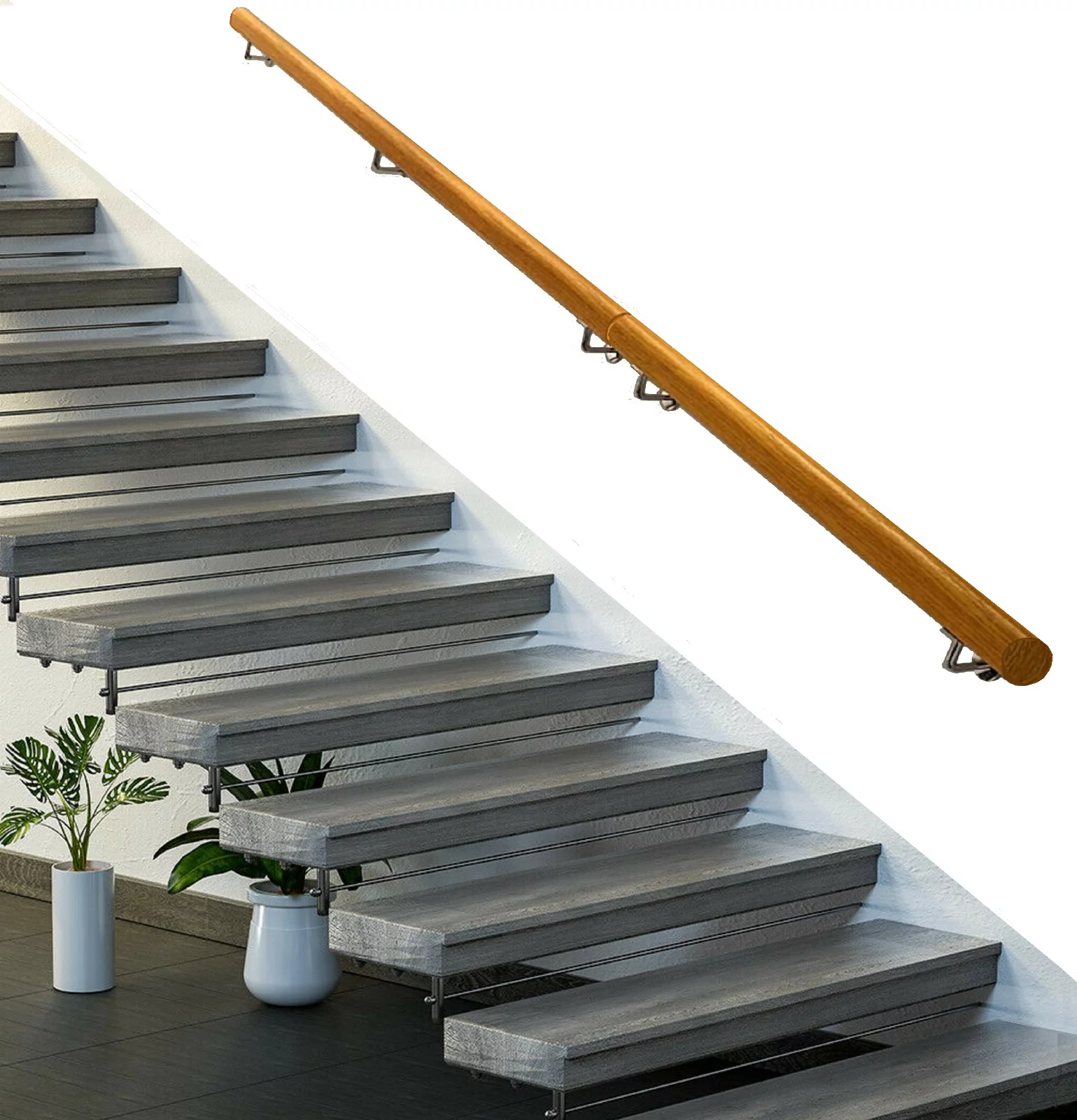 Stair Handrail Wall Rails 15 FT Long, 2.0" Diameter Grab Bar Iron Bracket, Wooden Handrail Stair Rail Non Slip for Elderly