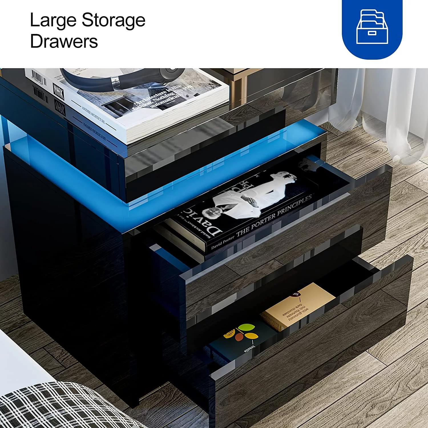 IKIFLY Black Modern LED Nightstand with 2 Drawers/High Gloss Bedside Tables with Changing LED Lights/End Side Table for Bedroom Living Room Furniture