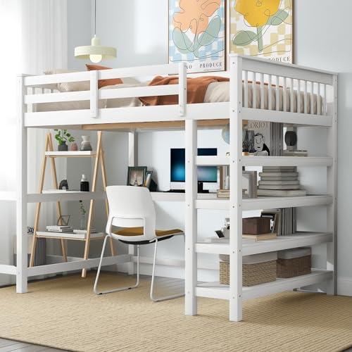Full Size Loft Bed with L-Shaped Desk, Wardrobe and Storage Shelves, Solid Wood Bedframe w/Safety Guardrails & Ladder for Kids Teens Adults