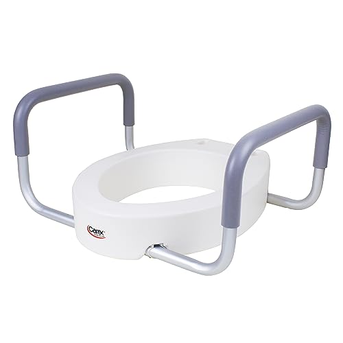Carex 3.5 Inch Raised Toilet Seat with Arms - For Elongated Toilets, Elevated Toilet Riser with Removable Padded Handles, Easy On and Off