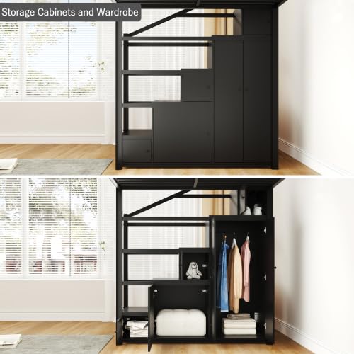 Harper & Bright Designs Full Size Loft Bed with Wardrobe and L-Shaped Desk, Metal Loft Bed with Storage Cubes, Cabinet, Shelves for Kids Teens, White
