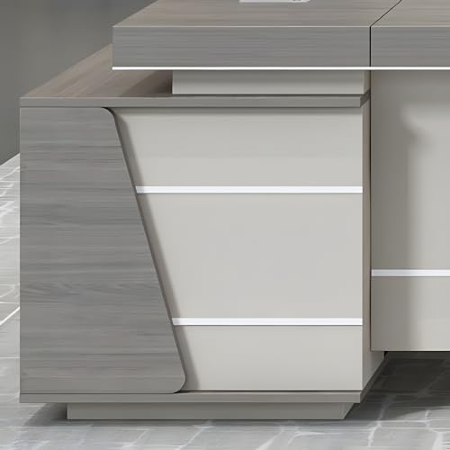 Modern Gray L-Shaped Executive Desk with Cord Management, Modern Workstation Computer Desk with Side Cabinet