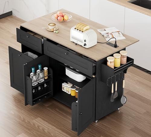 Kitchen Island with Storage, Kitchen Islands on Wheels with Drop Leaf&Power Outlet, Large Rolling Kitchen Island with Trash Can Storage