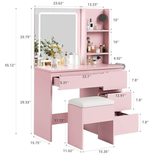 Vanity Desk with Mirror and Lights - Modern Makeup Dressing Table with Outlets, Storage Stool, 4 Drawers & Hair Dryer Holder