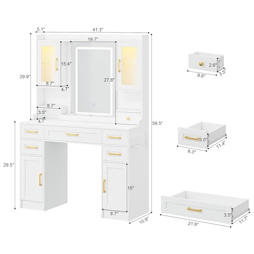 NUNU LAB 42 Inchs Large Vanity Desk with Mirror and Lights with 6 Drawers and 4 Cabinets, Big Women Makeup Table with Power Outlet