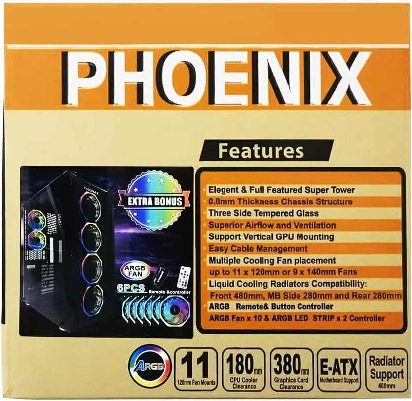 A17 Series Phoenix Full-Tower E-ATX/ATX/M-ATX Computer Gaming Case with 3-Sided Reinforced Glass, USB 3.0