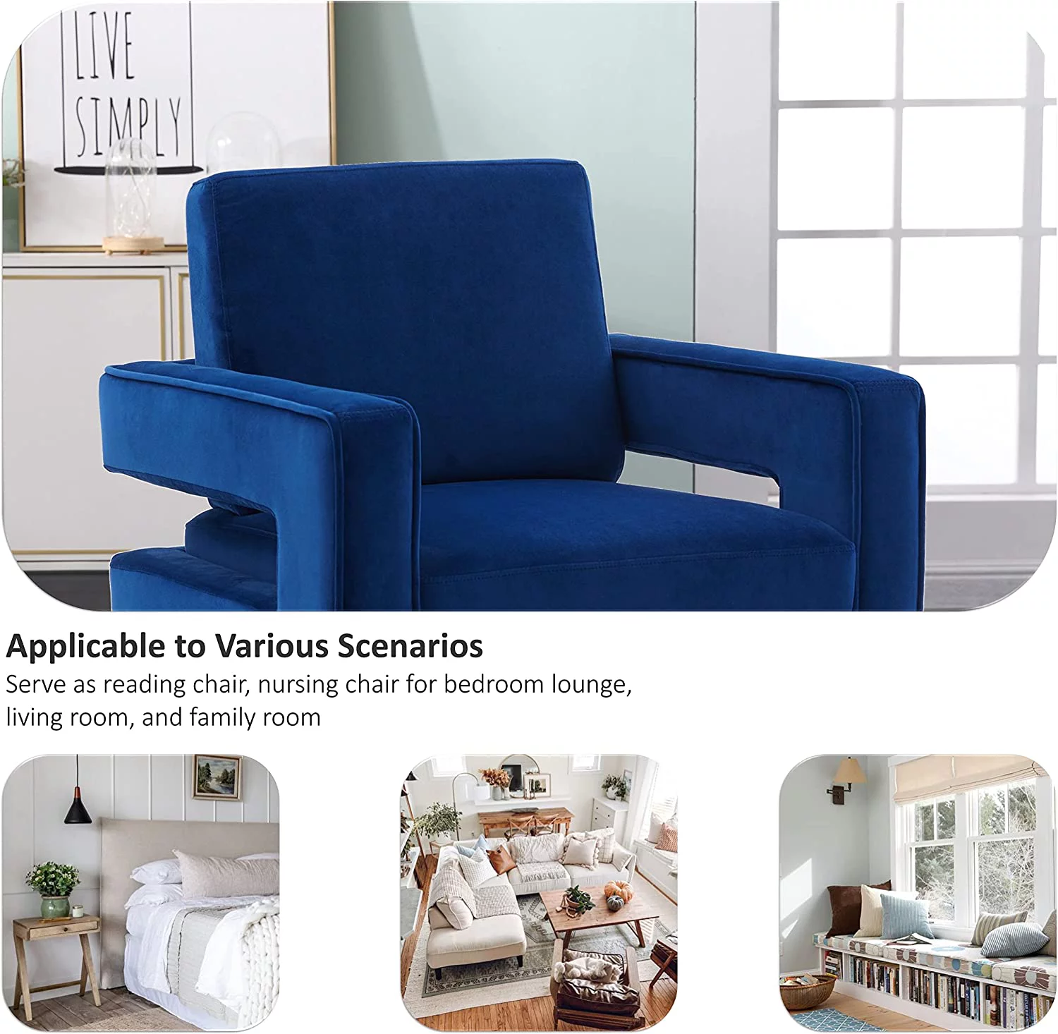 Locus Bono Velvet Arm Chair, Upholstered Lounge Chair Reading Chair for Living Room, for Adult(Navy Blue)