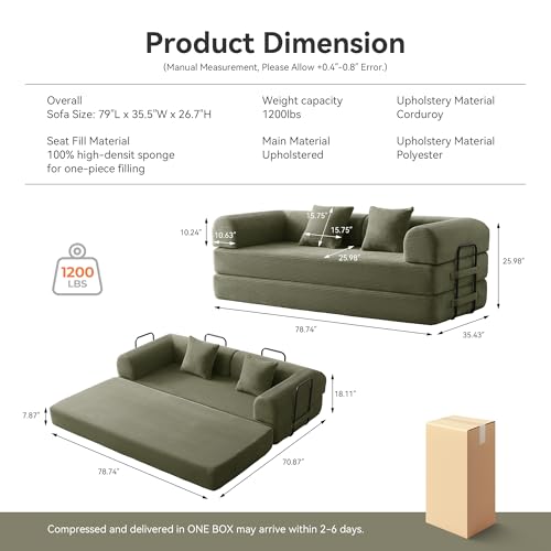 Convertible Sleeper Sofa Bed with Cylindrical Pillow, Comfy Foldable Sofa Bed Compressed Sofa in Box