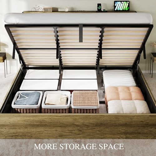 YITAHOME Queen Size Lift Up Bed with Charging Station & RGB LED Lights, PU Leather Upholstered Platform Storage Bookcase Headboard Bed