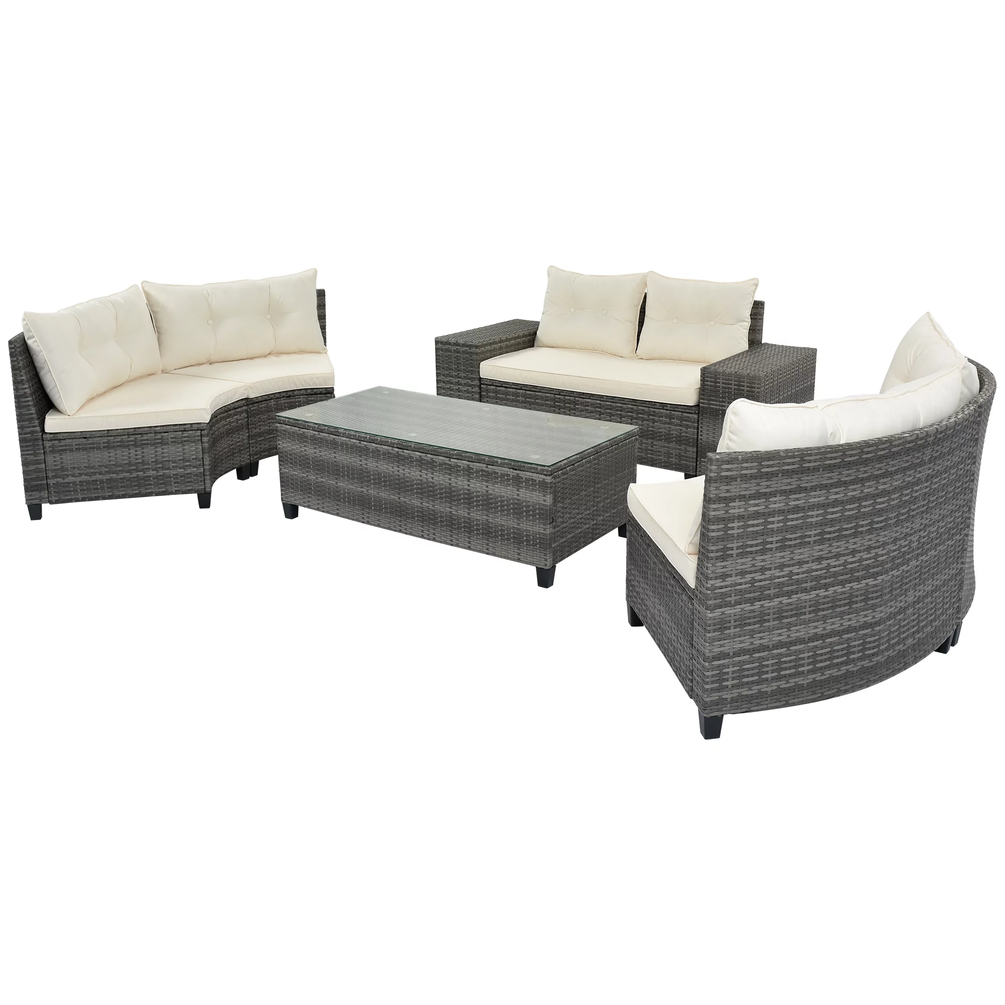 EUROCO 8 Piece Rattan Sectional Sofa Set,Curved  Outdoor Conversation Set,All-Weather Wicker with Removable Cushions & Coffee Table